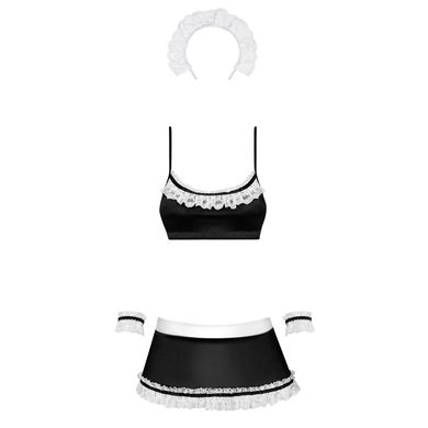 Атласный эротический костюм горничной Obsessive Maid set S/M, black, топ, юбка, стринги, манжеты, об SO7715 фото