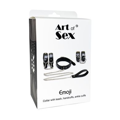 Набір BDSM Art of Sex - Emoji, наручники, поножі, нашийник з повідцем, екошкіра, чорний SO9635 фото