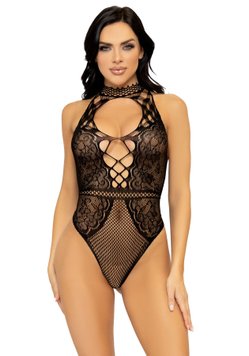 Leg Avenue Net and lace halter bodysuit OS Black