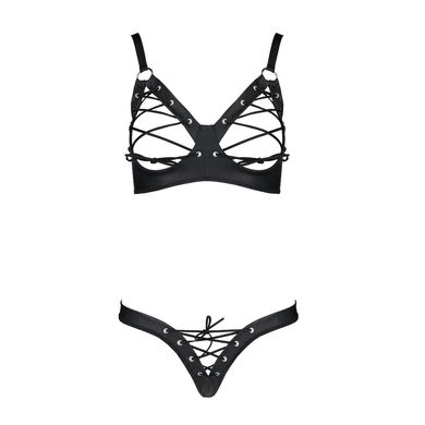 Комплект з екошкіри Passion Celine Bikini 6XL/7XL black, відкритий бра, стрінги зі шнурівкою SO7058 фото