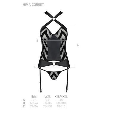 Сетчатый комплект с узором Hima Corset black L/XL - Passion, корсет с халтером, подвязки, трусики SO5349 фото